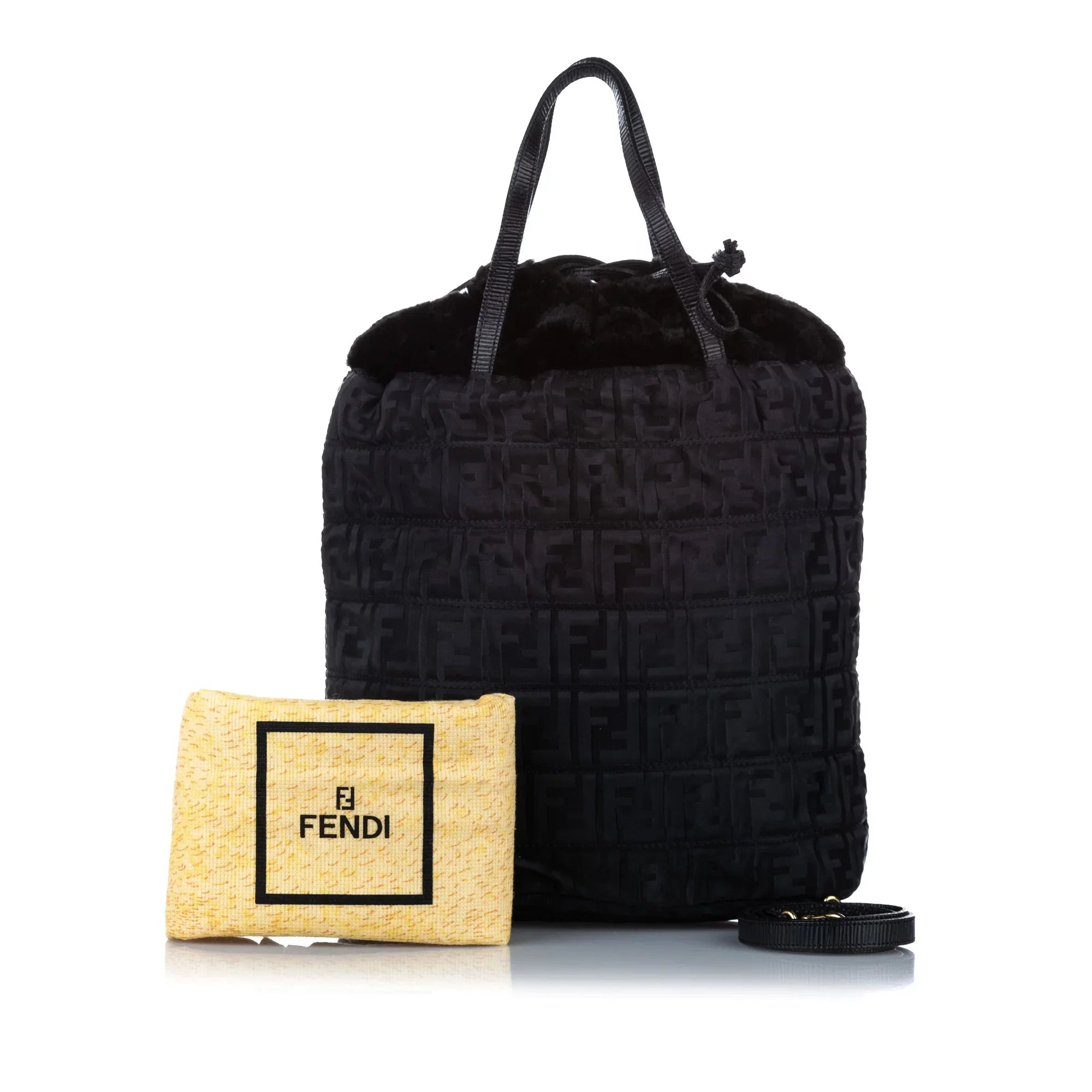 Pre-Owned Fendi (Good) Zucca Bag Fabric Women Drawstring Black Satchel Nylon Tote