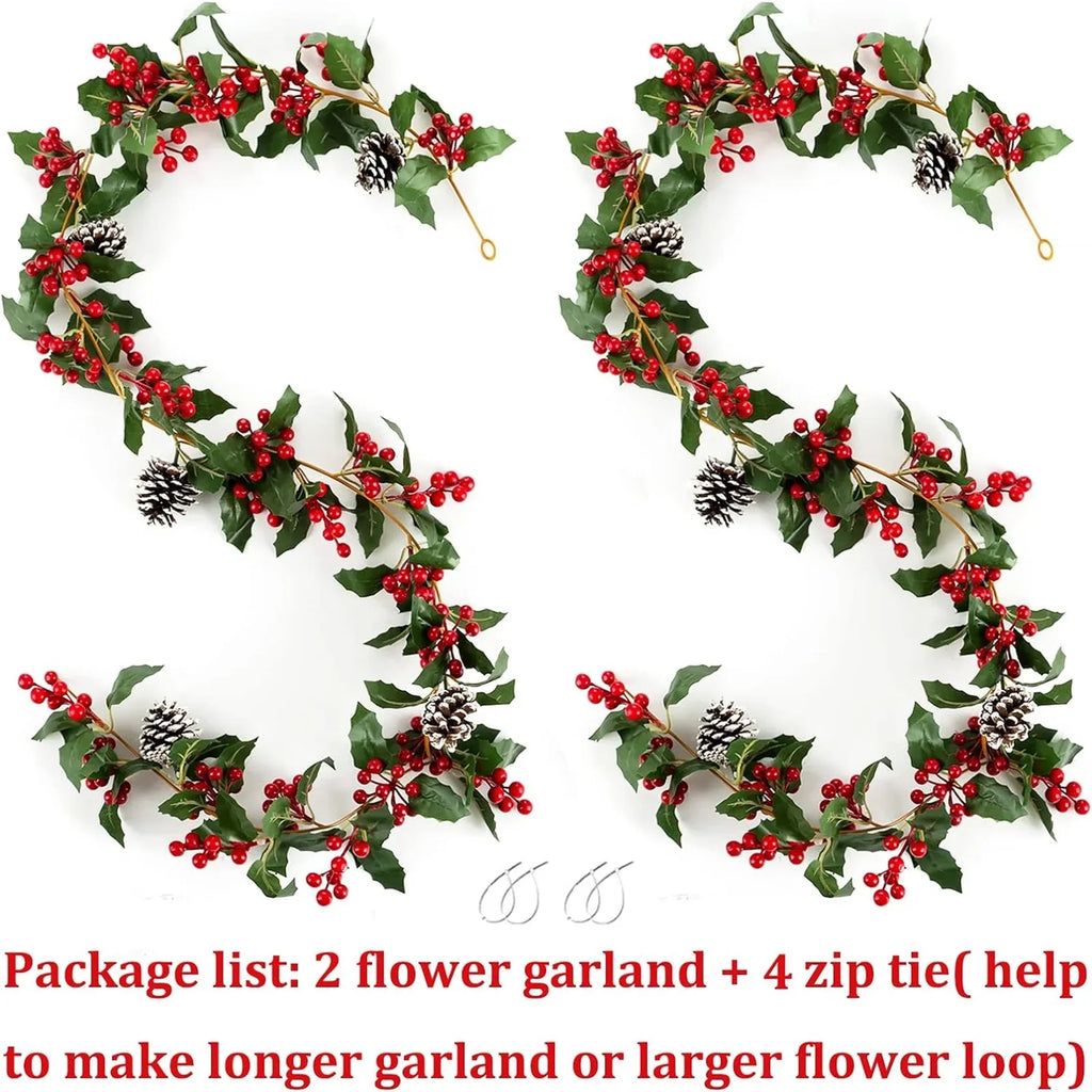 Berry Christmas Pcs Blosmon Door DIY Christmas Garland Fireplace for Kitchen Red 5.9Ft Party Leaves Outdoor 2 Holiday Garland Decor Decorations Artificial Indoor Pinecones
