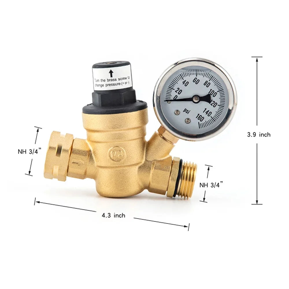 Lead-Free - Adjustable Water Travel Inlet and Gauge with Filter, Valve 0-160PSI Regulator Ideal Pressure Brass, and Screened for Trailers RV