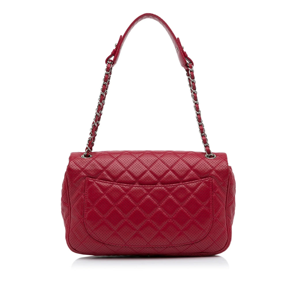 Classic Pre-Owned Chanel Single Bag Lambskin Authenticated Red (Good) Shoulder Perforated Leather Unisex Jumbo Flap