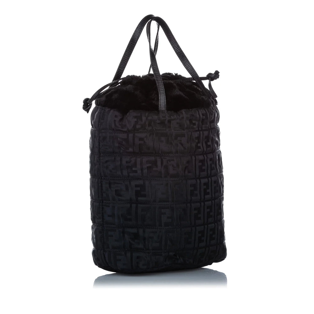 Pre-Owned Fendi (Good) Zucca Bag Fabric Women Drawstring Black Satchel Nylon Tote