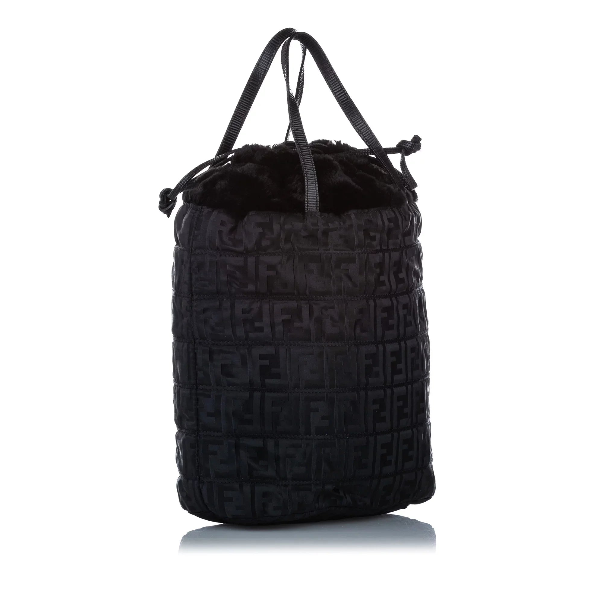 Pre-Owned Fendi (Good) Zucca Bag Fabric Women Drawstring Black Satchel Nylon Tote