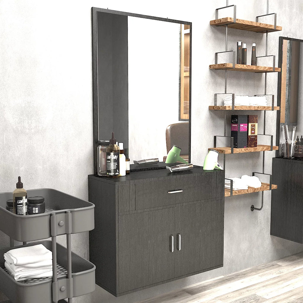 Salon with (Black) Makeup Mirror, Hair Hand Artist 2 Station Mount Styling Drawer, Barber Spa Doors Wall