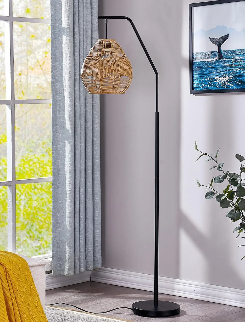 Lamp Boho Black Lamp Shade, Arc Lamp with Rattan Maxax Woven Rattan Farmhouse Larger Floor Standing