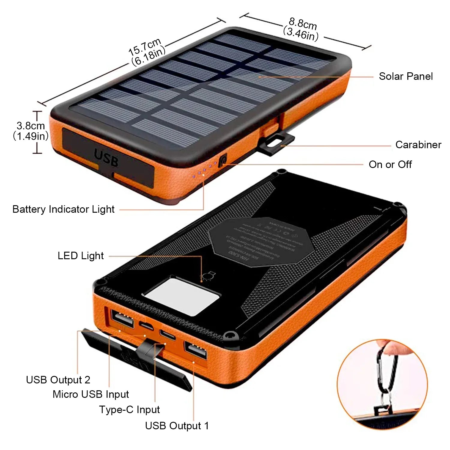 Power Light Outdoor Flashlight, (Orange) Panels with LED Dual Solar Ports Bank, 4 30000mAh Solar Camping 5V USB Detachable, Hiking Portable SOLPOWBEN Charger for