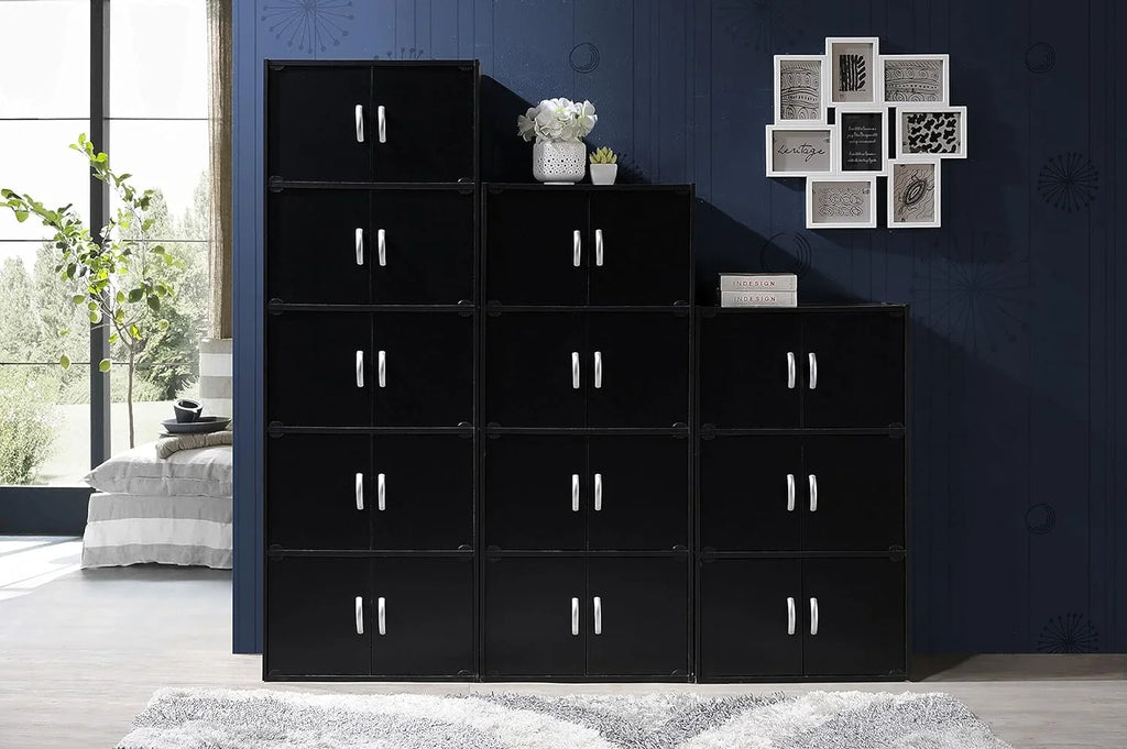 Door HID44 Floor Storage Black 8 Cabinet Modern Shelf 4 Duty Installation Mount with Bookcase Hardware, Wooden Multipurpose Heavy