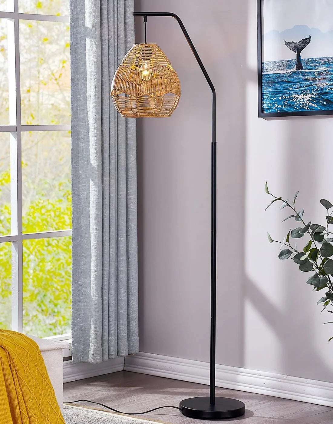Lamp Boho Black Lamp Shade, Arc Lamp with Rattan Maxax Woven Rattan Farmhouse Larger Floor Standing