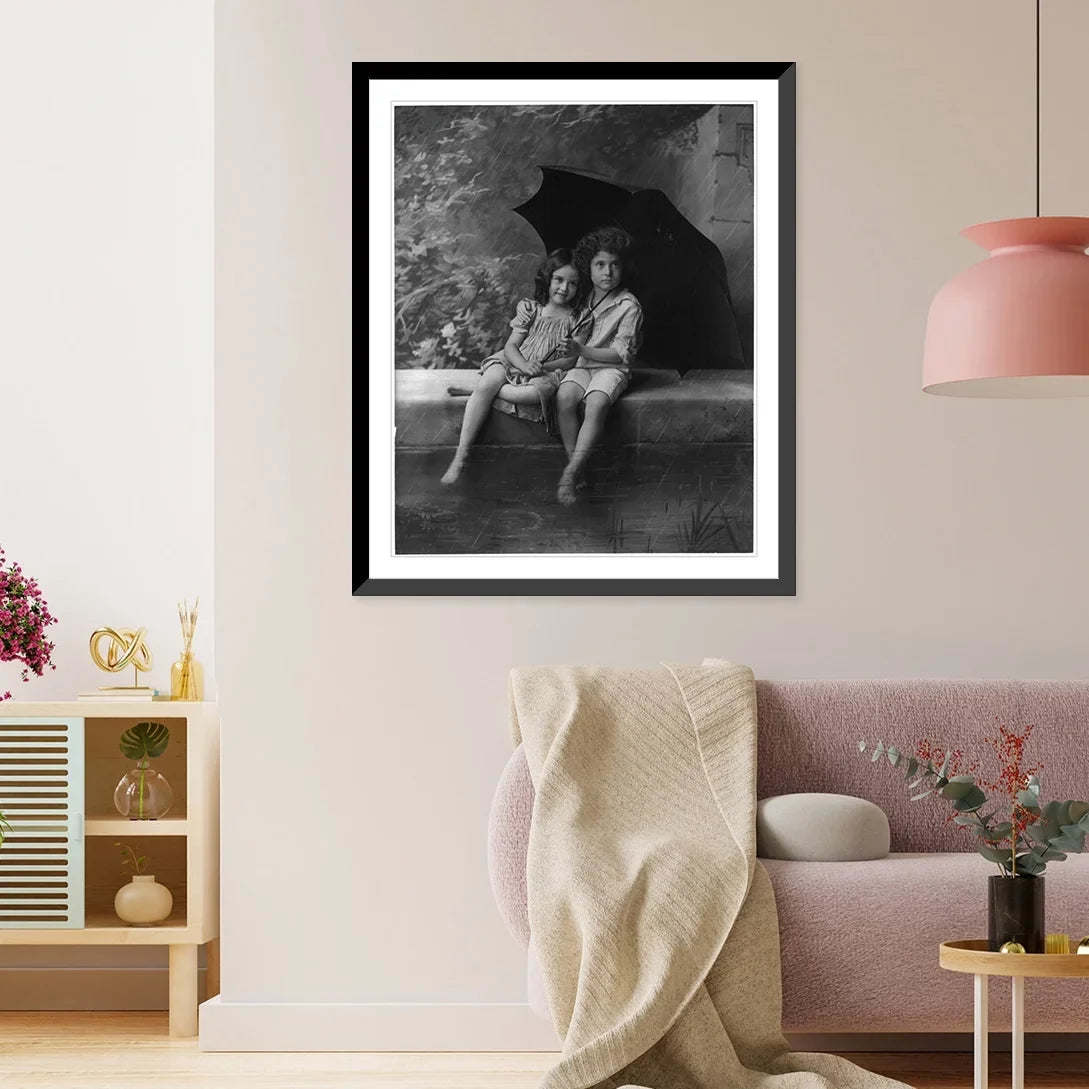 Framed children in umbrella 21-7/8" [2 under x fountain wall, Print, Historic rain], 17-7/8" on
