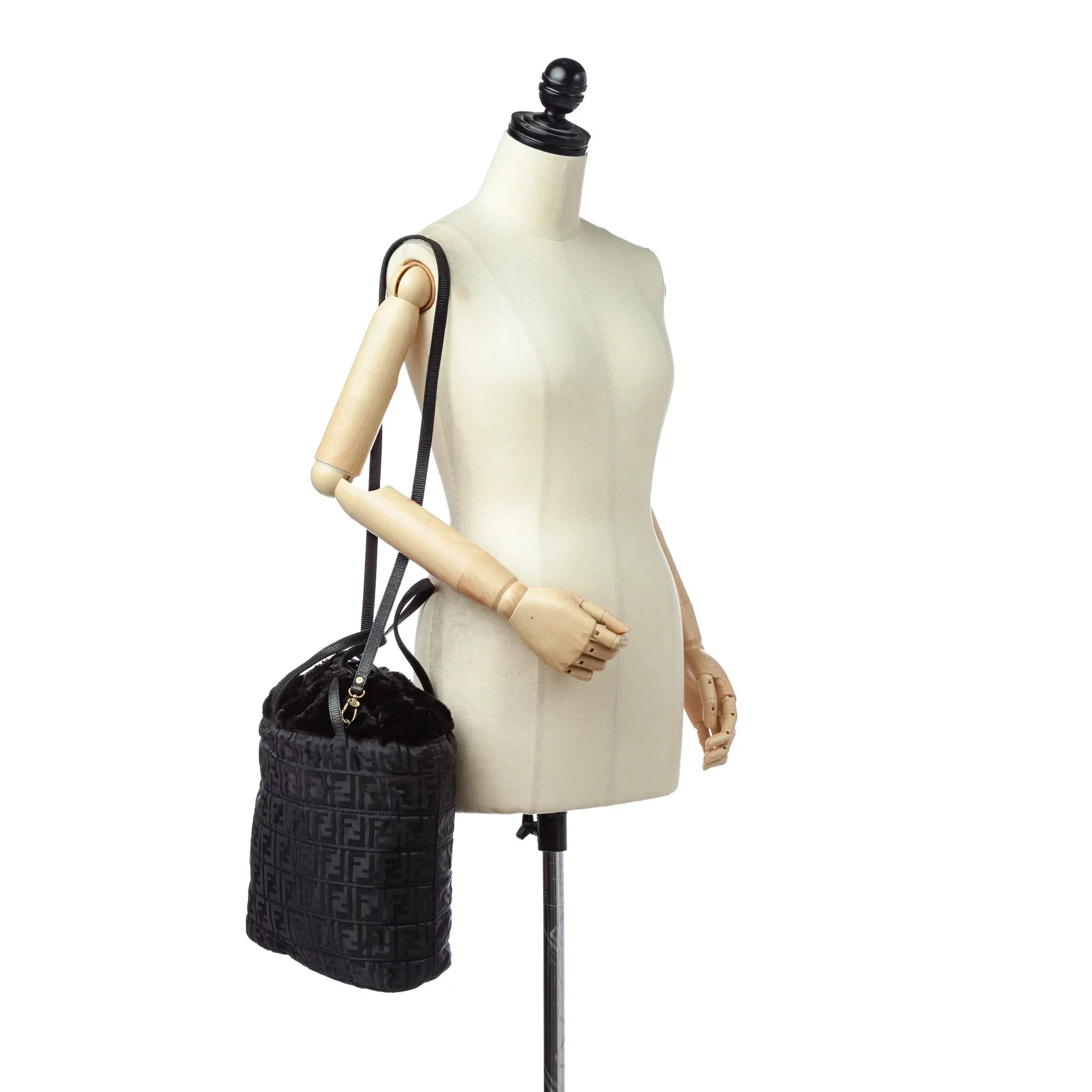 Pre-Owned Fendi (Good) Zucca Bag Fabric Women Drawstring Black Satchel Nylon Tote