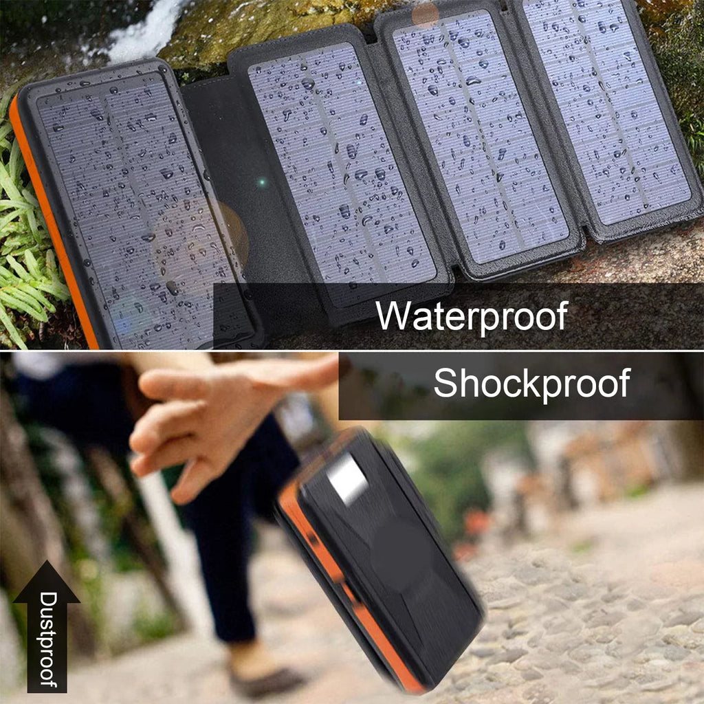 Power Light Outdoor Flashlight, (Orange) Panels with LED Dual Solar Ports Bank, 4 30000mAh Solar Camping 5V USB Detachable, Hiking Portable SOLPOWBEN Charger for
