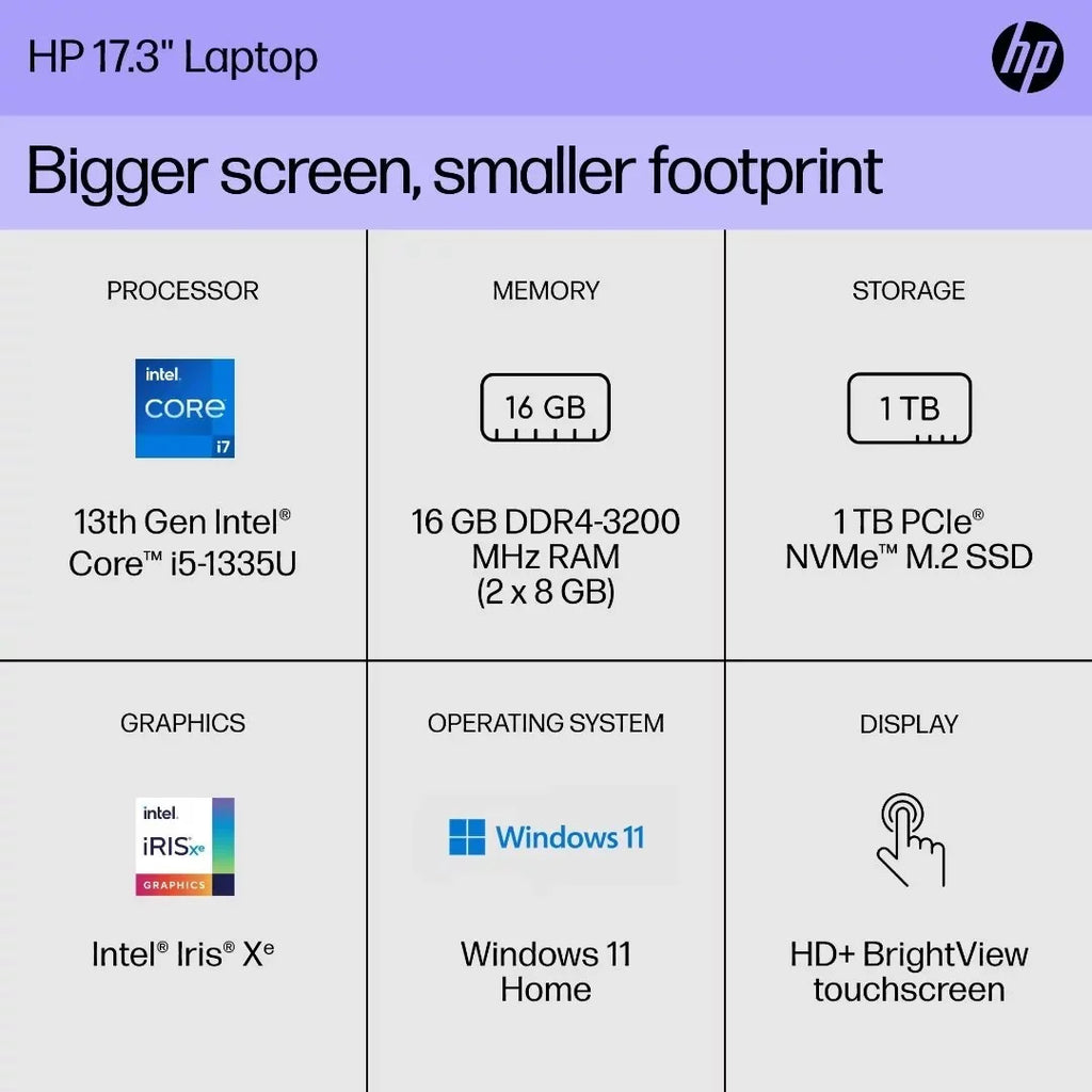 HP 32GB RAM, Keyboard, Laptop, Touchscreen Win11 Core i7-1355U, Intel SSD, 17.3" Backlit Home HD 1TB
