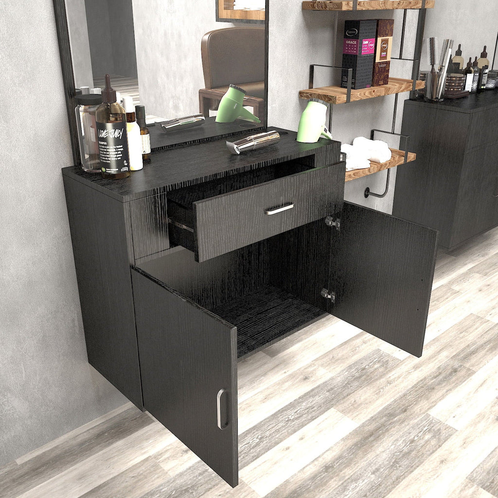 Salon with (Black) Makeup Mirror, Hair Hand Artist 2 Station Mount Styling Drawer, Barber Spa Doors Wall