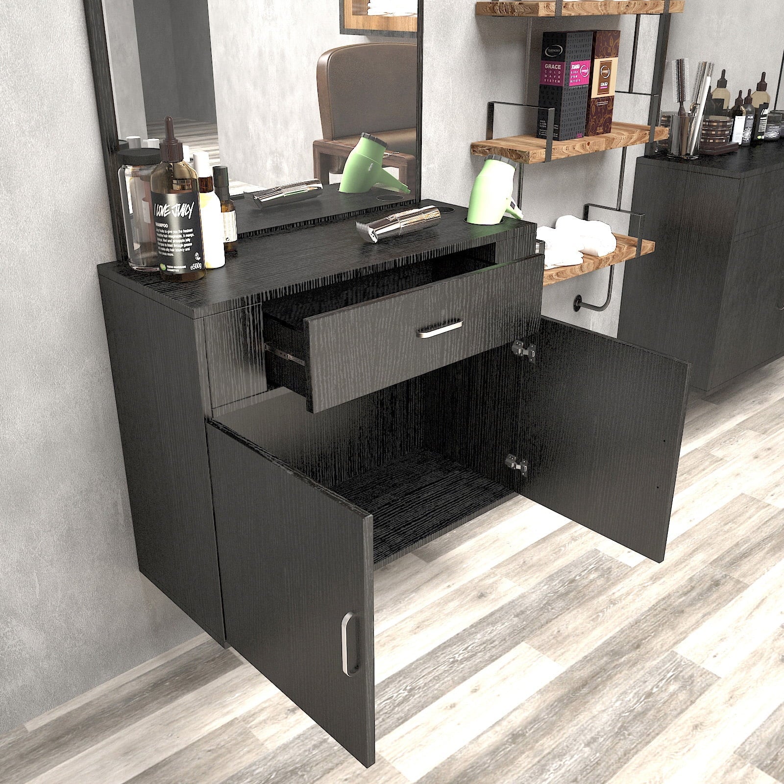 Salon with (Black) Makeup Mirror, Hair Hand Artist 2 Station Mount Styling Drawer, Barber Spa Doors Wall