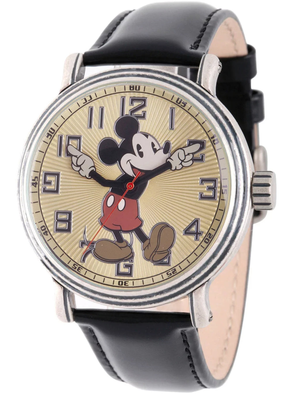 Silver Black Leather Mickey Strap Mouse Watch, Alloy Vintage Antique Men's