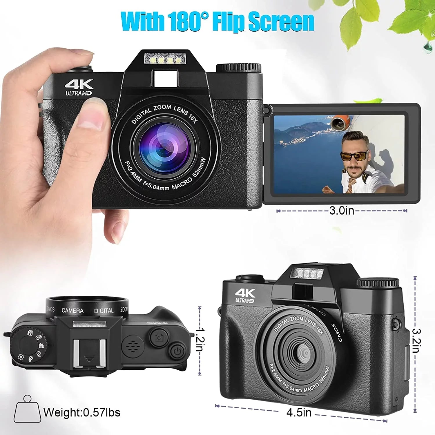 Screen,Wide-Angle GB Flip Batteries(Black) Lens,32 Micro Digital 48MP Camera with Kids 180° Lens,Macro Adults Card,2 Camera,Digital Vlogging and for Photography,4K for Camera