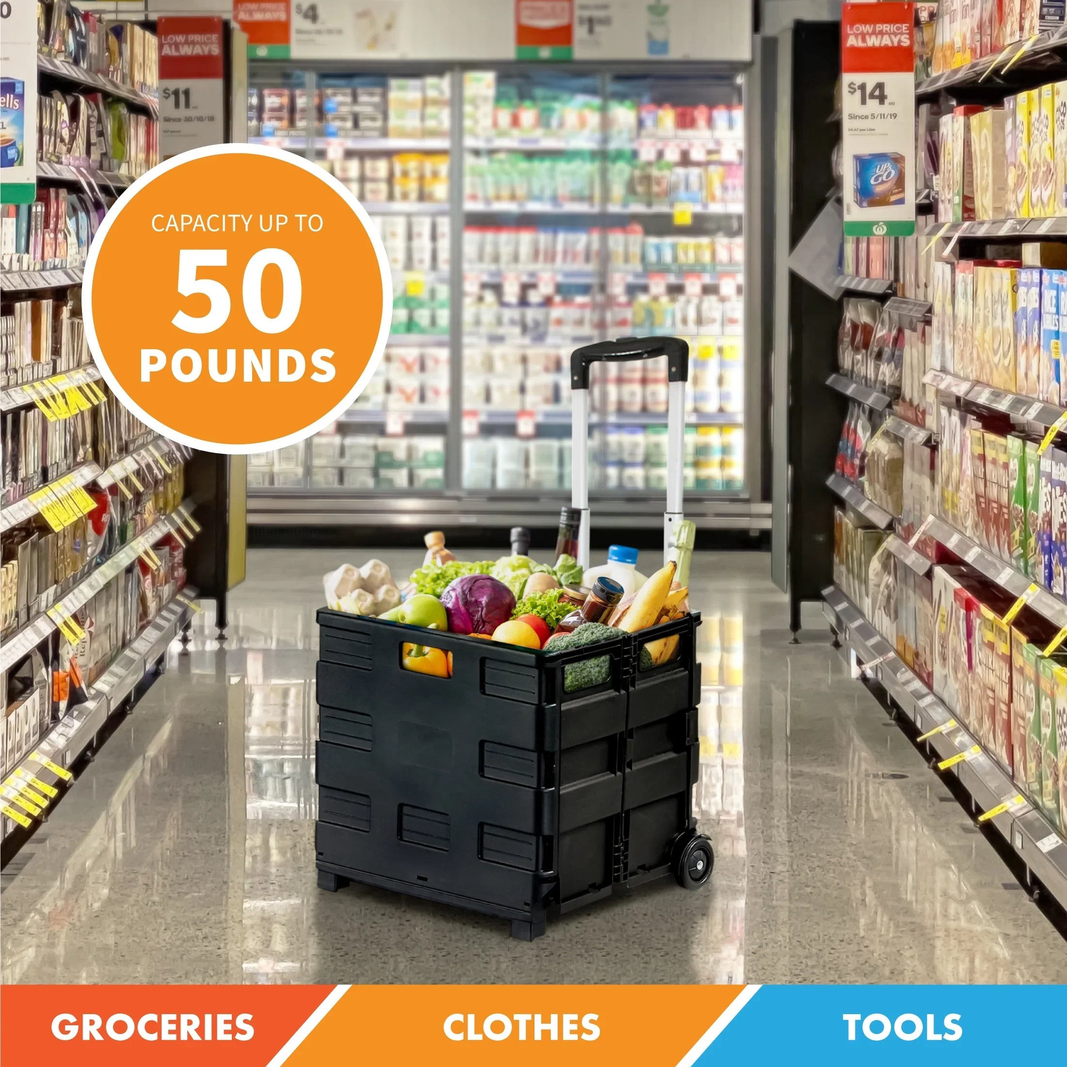 Garden, Ultra-Slim Utility-carts, Handle, Office, Home, Telescopic Rolling use, Black Medium, Pack-N-Roll Storage Collapsible with for School Shopping,