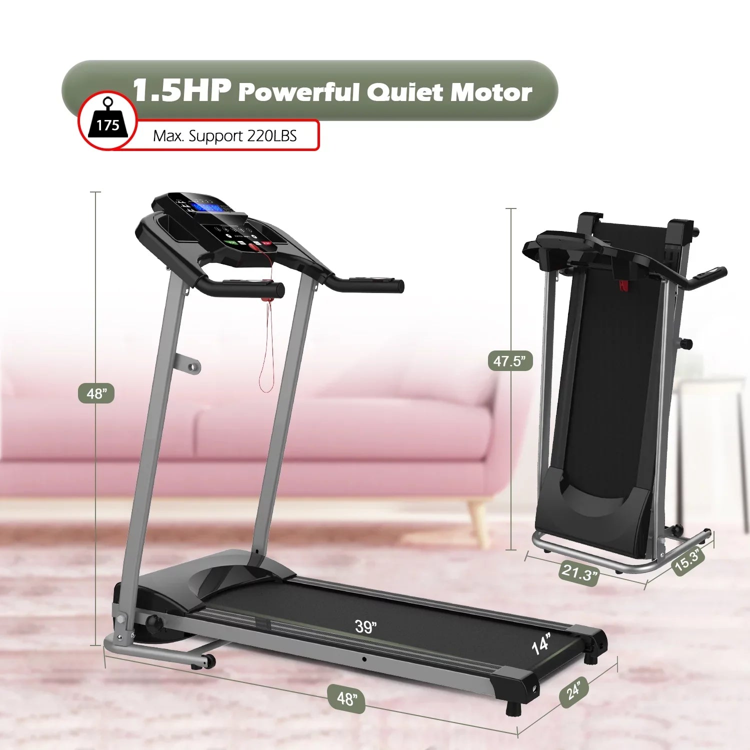 Folding Black Running Machine, Treadmill 1.5HP Electric Inolait