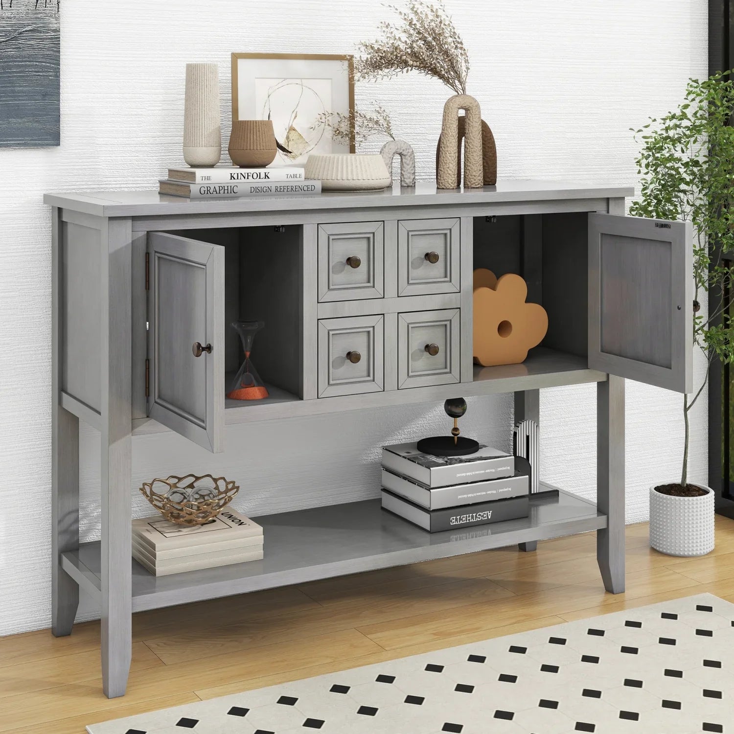 Rooms Small Console (Espresso and Four Drawers Shelf Cambridge Storage OLD with Bottom Ample and Vintage Entrances WF190263AAP) Table for Living TREXM Kitchens Series SKU