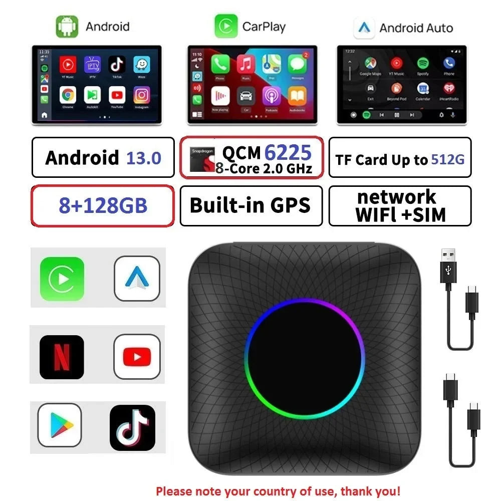 Apple Youtube Box Netflix Ai Car Box Carlinkit Tv Auto For QCM6225 CarPlay Led Accessories Smart Android & Wireless Android 13
