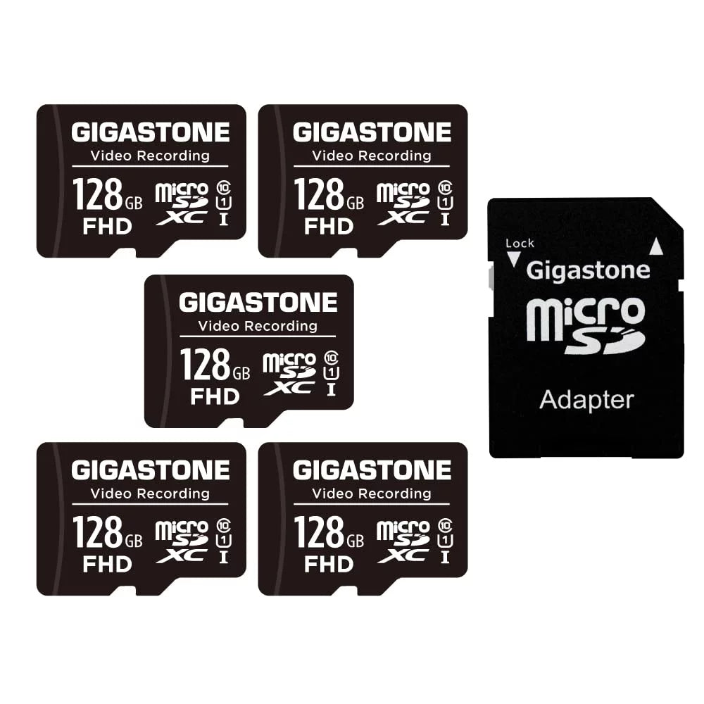Security Card MicoSDXC Action Surveillance, SD 10, UHS-I Card, 85MB/s Class Camera, Micro Pro, GoPro, Memory 128GB with 5-Pack Adapter-GS-MSD-128-V-5PK-B Camera, 4K Video Drone, Gigastone
