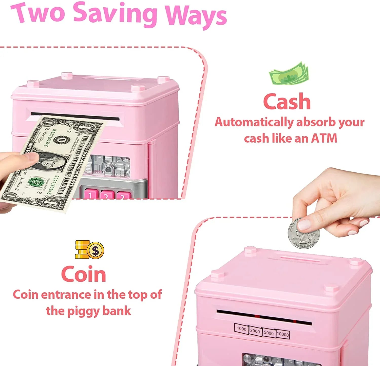 Password Bank Gifts Real Mini Bank Box Savings Saving Kids Coin Cash Adult Machine Electronic for Toy Money Kids ATM Safe Digital Piggy ATM (Pink/Silver) Savings Girls Boys Money