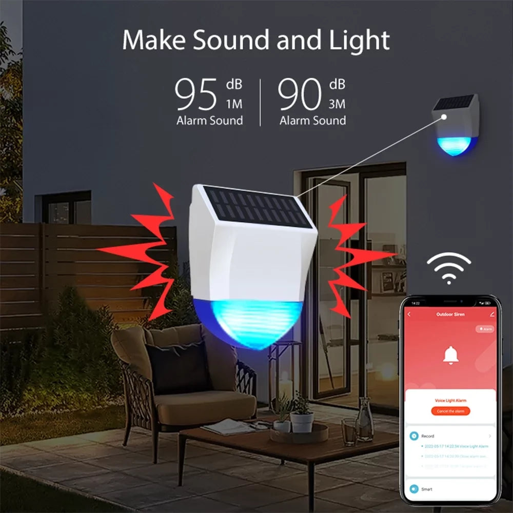 Control Wifi Sound Alarm Solar 5.0 Smart BT Light IPX5 Outdoor Powered Home Intelligent Device Alarm Real-time APP Waterproof Linkage Alarm