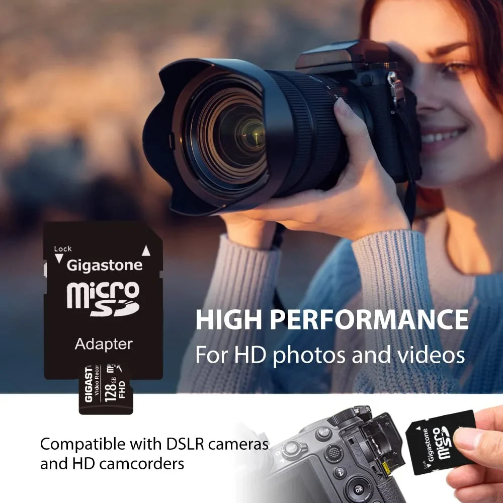 Security Card MicoSDXC Action Surveillance, SD 10, UHS-I Card, 85MB/s Class Camera, Micro Pro, GoPro, Memory 128GB with 5-Pack Adapter-GS-MSD-128-V-5PK-B Camera, 4K Video Drone, Gigastone