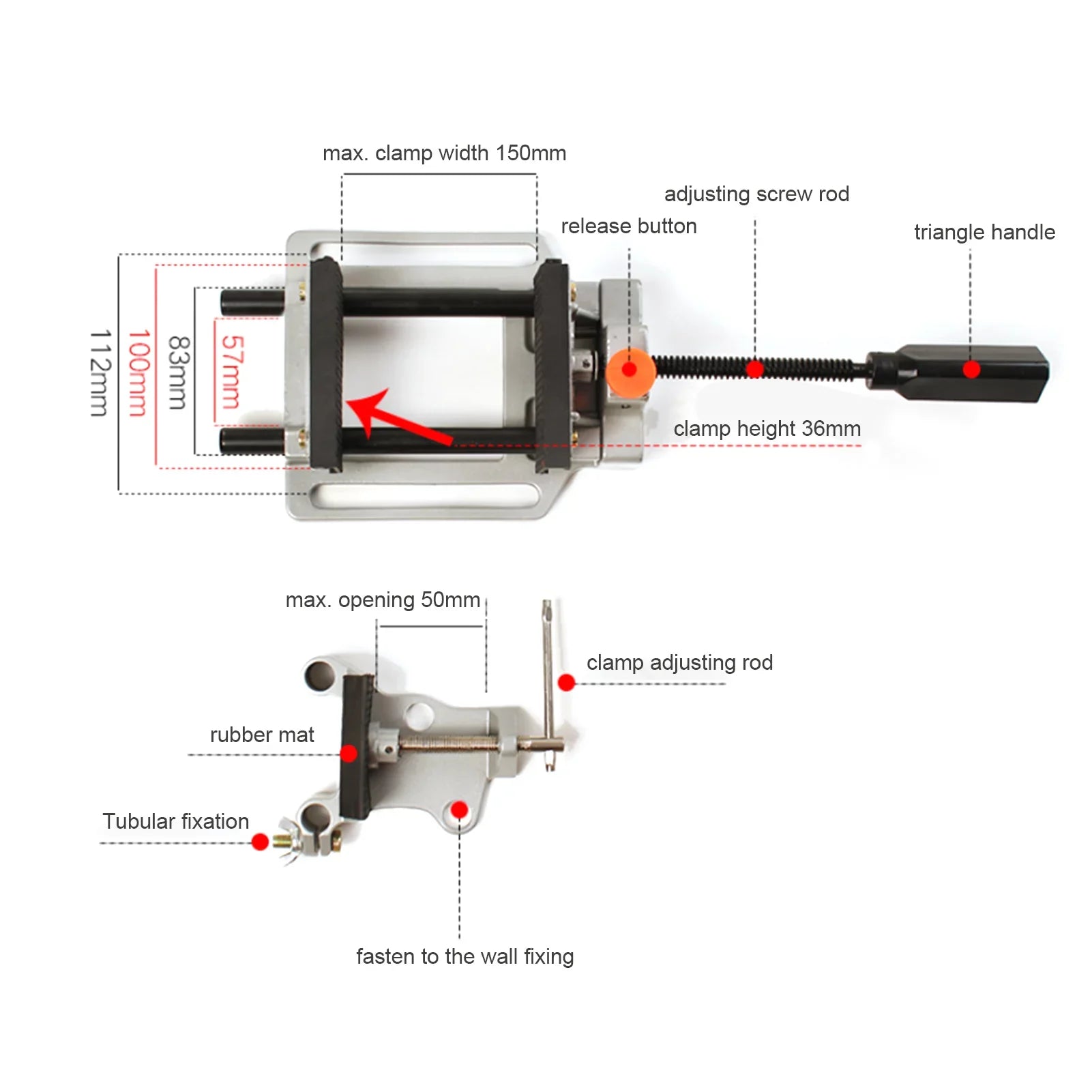 Die-cast Presses Release Button Presses 100mm Vise Release Heavy-Duty Aluminum Quick Alloy Drill Drill Spirastell Work Heavy-Duty Quick Work Release Benches Die-cast Button Rookin Vise,Drill Presses