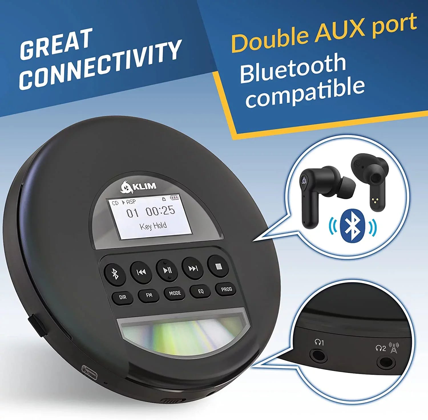MP3, with Headphones, Battery, Nomad Card, Bluetooth- (Refurbished: Rechargeable Black KLIM for Pre-Owned CD Cars, Good) Ideal Discman FM Radio, TF Portable AM Player Fusion