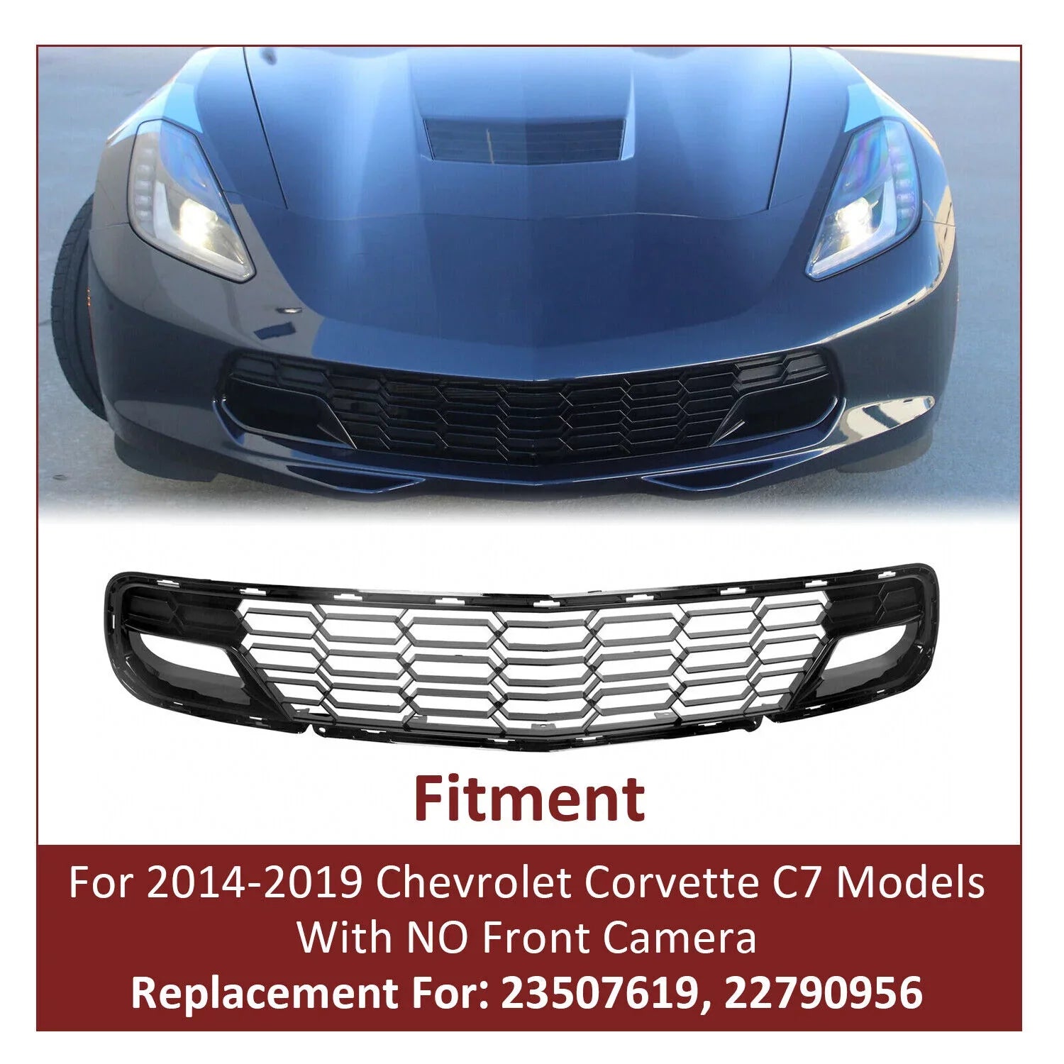C7 (W/O Z06 Painted Lower Front 2014-2019 Bracket) All Chevrolet for Camera Front Plastic Style Kojem Glossy Models Black Corvette Grille Bumper Cover