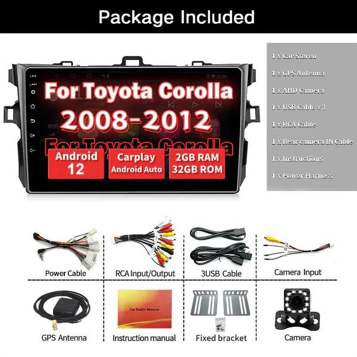 Din 08-12 Android Car 12 Bluetooth, Backup Corolla Toyota CarPlay&Android FM&AM, GPS Car Screen with Compatible for Double Navigation, Camera Support Binize Radio Stereo Inch Touch Auto,9