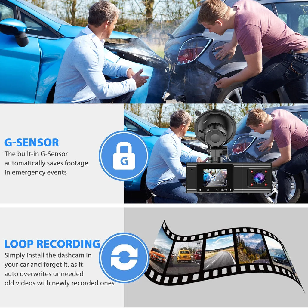 Recorder Dash DVR 1080P Night TSV Dual Insides Loop Parking - Dual Camera, Lens Wide Angle, G-Sensor, Vision, Black with 170° Mode Driving Front Cam, Recording, Car