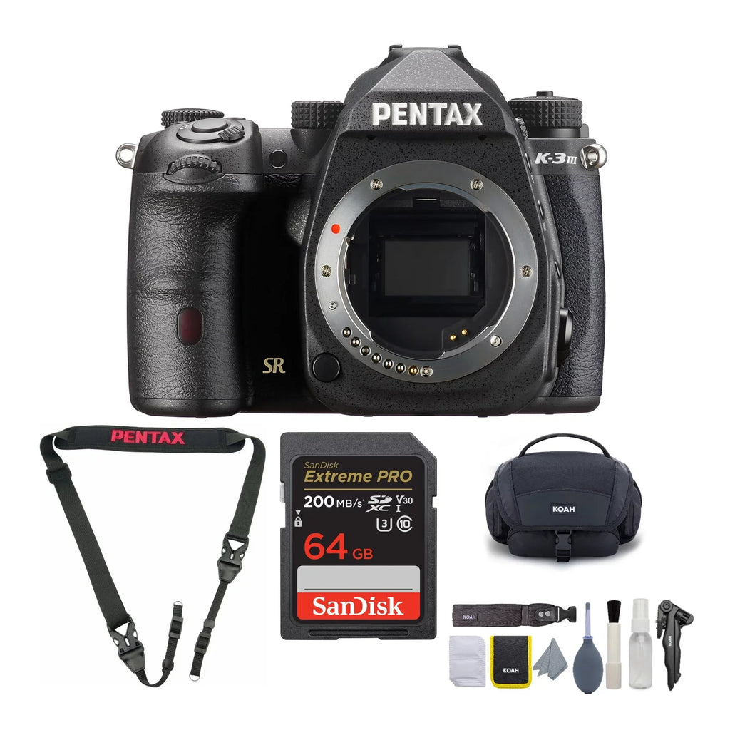 Card 64GB with (Black) Pentax K-3 Body Strap, Kit, & III Cleaning Mark SD Camera