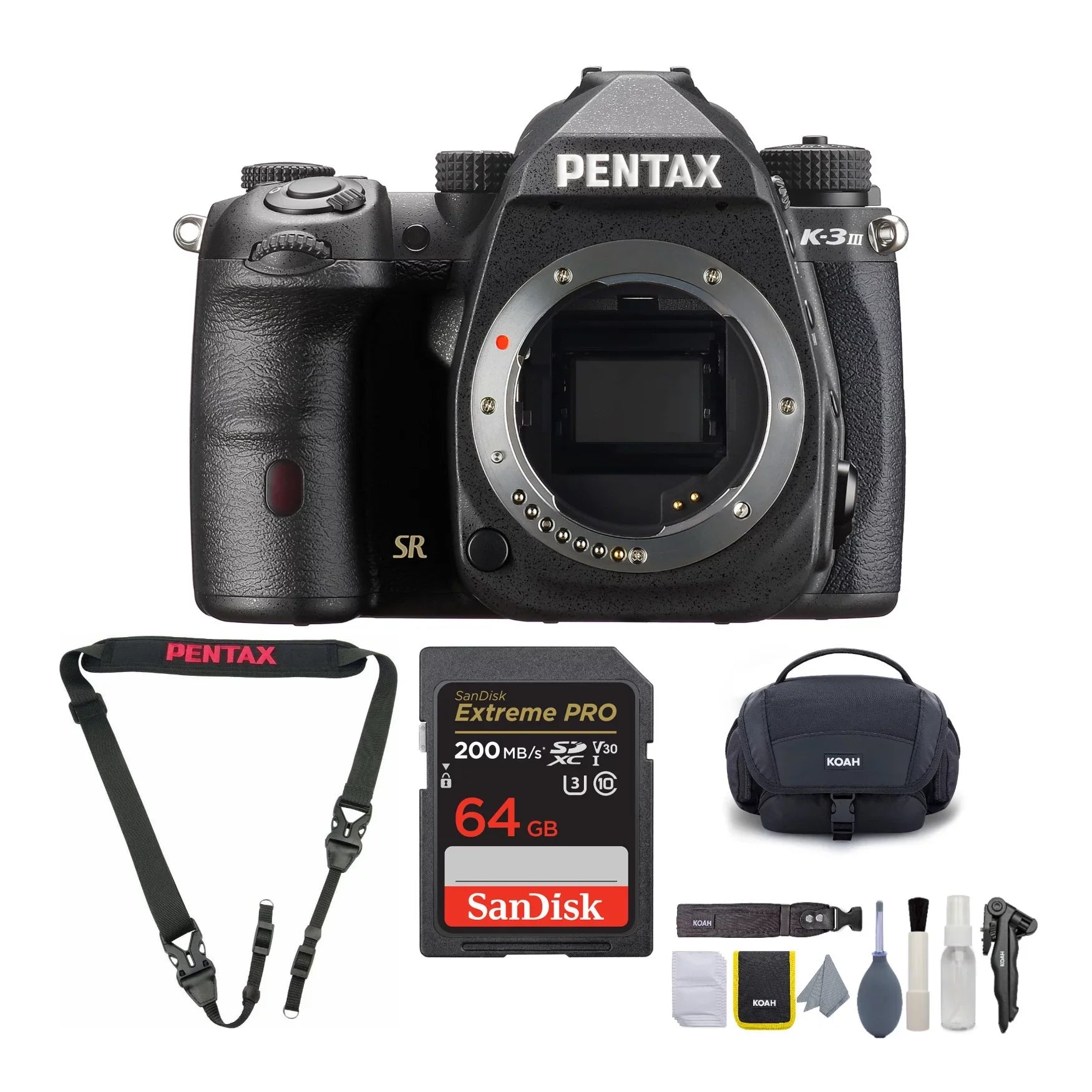 Card 64GB with (Black) Pentax K-3 Body Strap, Kit, & III Cleaning Mark SD Camera