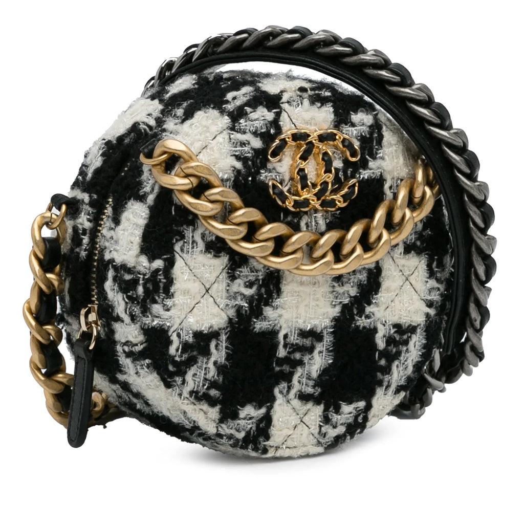 Lambskin Unisex Chanel and 19 Tweed (Good) Pre-Owned Crossbody with Coin Authenticated Clutch Chain Purse Black Bag Fabric Round