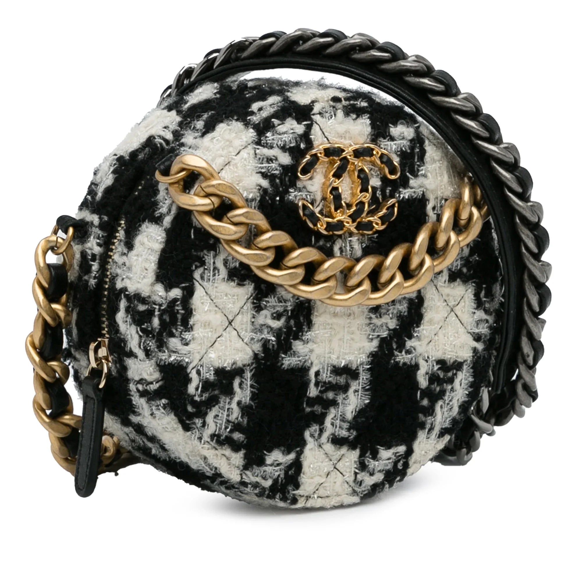 Lambskin Unisex Chanel and 19 Tweed (Good) Pre-Owned Crossbody with Coin Authenticated Clutch Chain Purse Black Bag Fabric Round