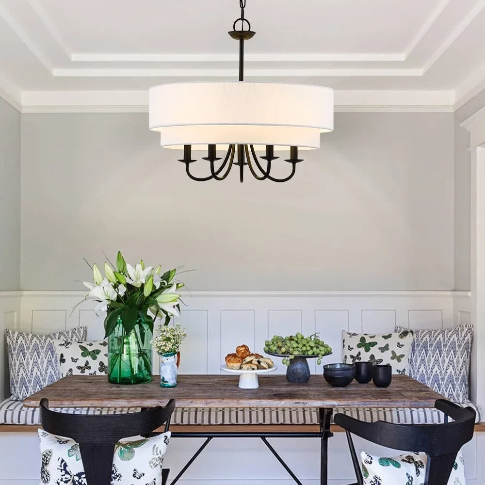 Chandelier FINE 5-Light 21.5"W - TRUE White Light Drum Black Shade Martina with Double