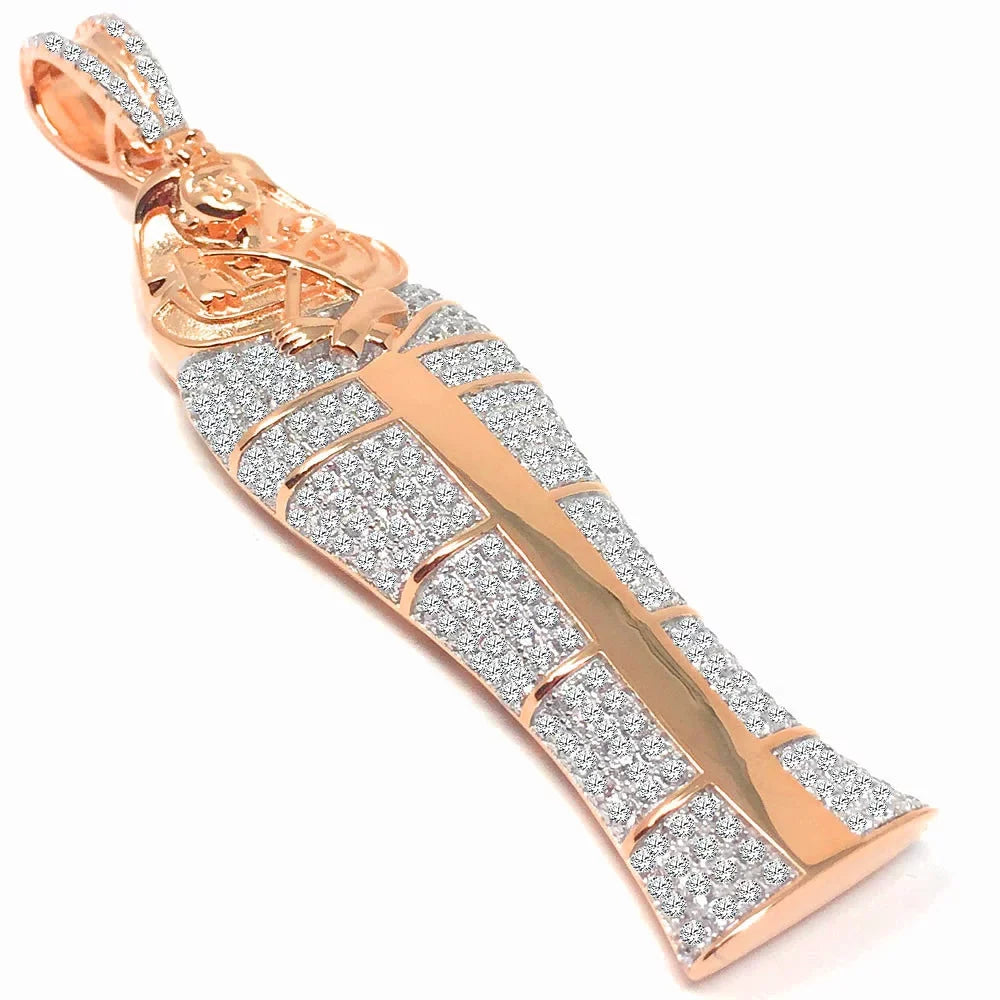 Diamonds Pharaoh 3.25'' XL King Real 10K Tut Silver Egyptian Sterling Lab Gold Rose Charm Pendant On Mummy