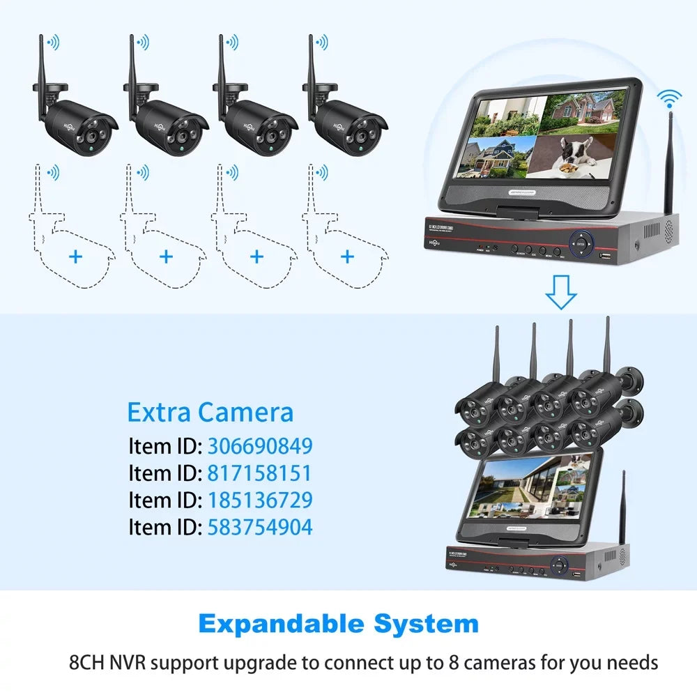 Camera 4Pcs Security Audio (Supports Vision, Home Night NVR, 2.4Ghz Wireless Channel Waterproof, with 1TB Drive, with Security Camera 10.1'' System Only Hard 10 Hiseeu Wi-Fi Recording, Monitor, WiFi)
