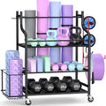 Mat Hooks with Home Storage Organizer Racks, Workout Yoga Rack, Equipment Wheels Storage Mythinglogic Gym Storage