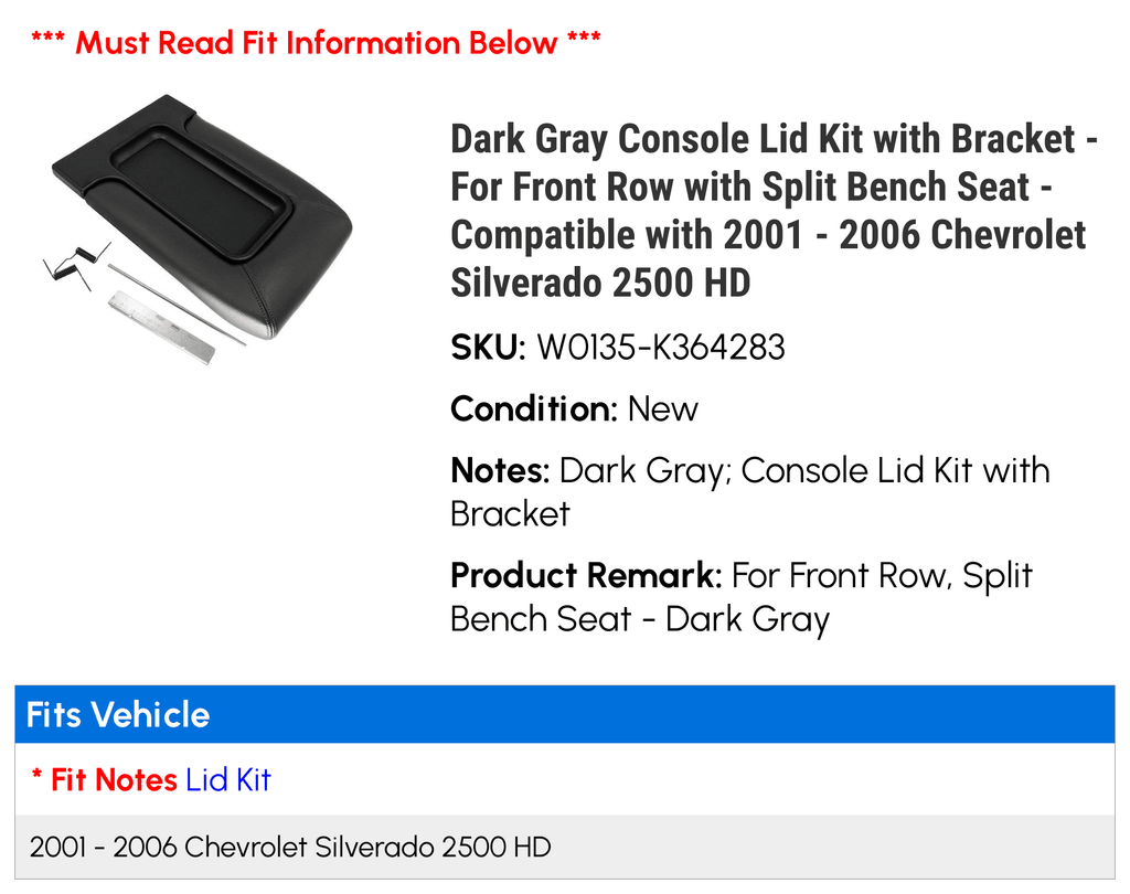 HD 2004 Front with 2003 2500 Bracket For - Silverado - Seat Lid Row Kit 2005 with 2002 - with 2001 Chevy Gray 2006 Dark Compatible Console Bench Split