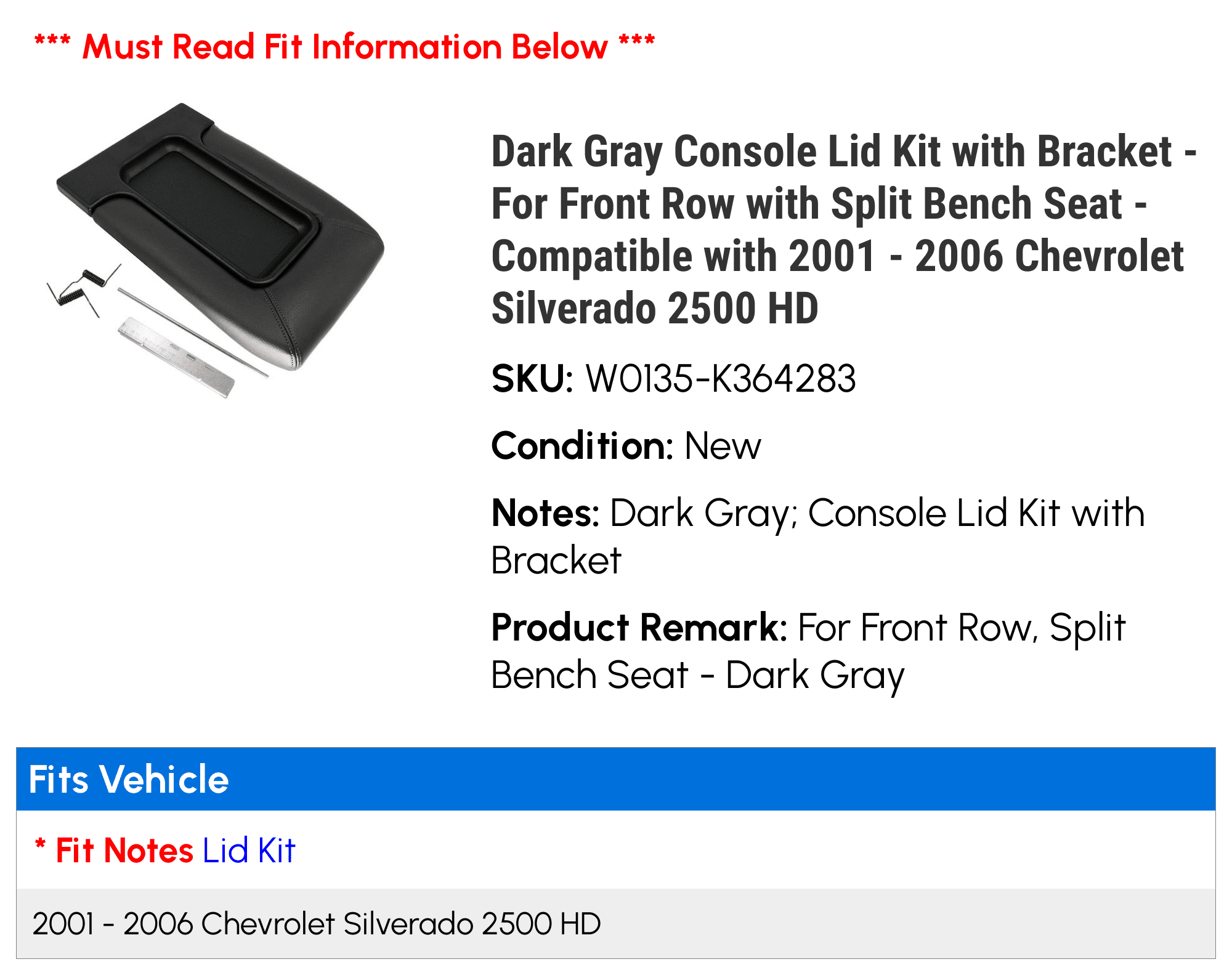 HD 2004 Front with 2003 2500 Bracket For - Silverado - Seat Lid Row Kit 2005 with 2002 - with 2001 Chevy Gray 2006 Dark Compatible Console Bench Split