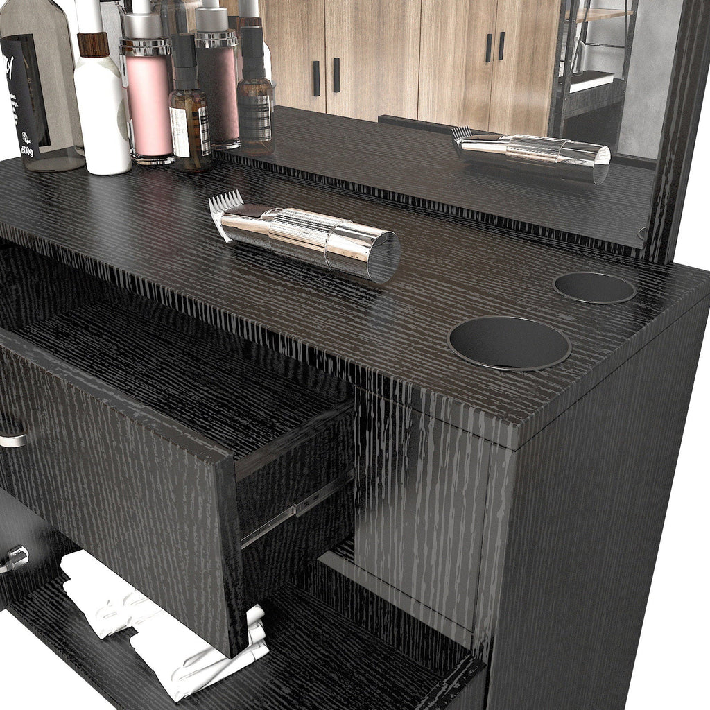 Salon with (Black) Makeup Mirror, Hair Hand Artist 2 Station Mount Styling Drawer, Barber Spa Doors Wall