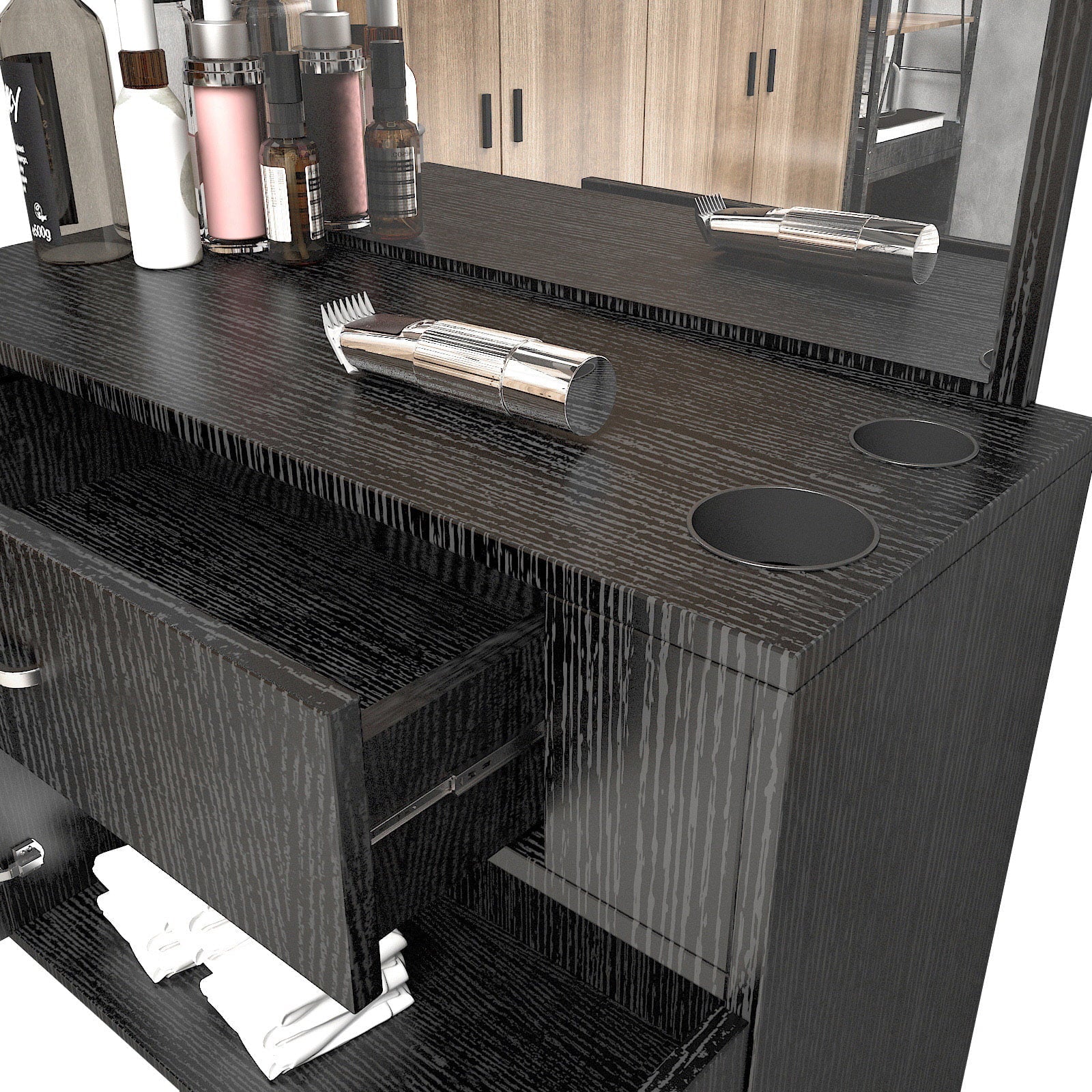 Salon with (Black) Makeup Mirror, Hair Hand Artist 2 Station Mount Styling Drawer, Barber Spa Doors Wall