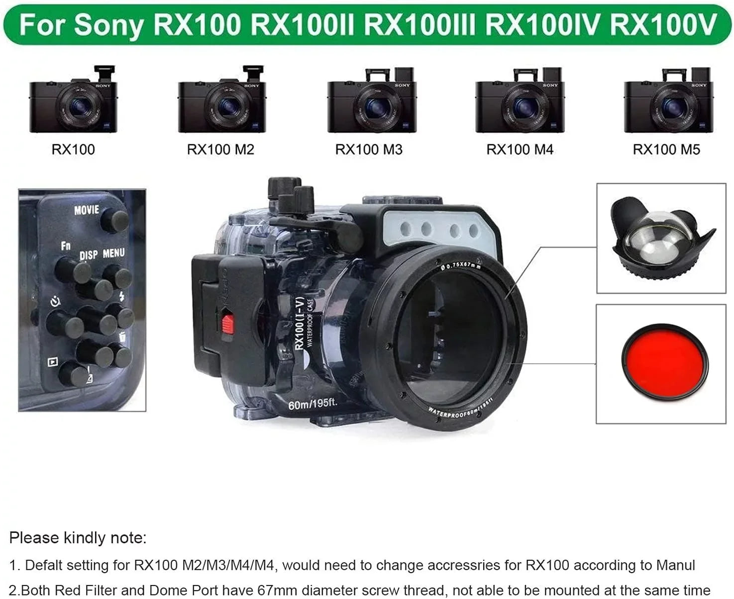 Kit, w/ I & for Dome RX100 Waterproof RX100 Sony Two case II M2 Port IV M5 Seafrogs Tray Aluminium Housing Underwater 60M Camera III M3 Hands M4 V