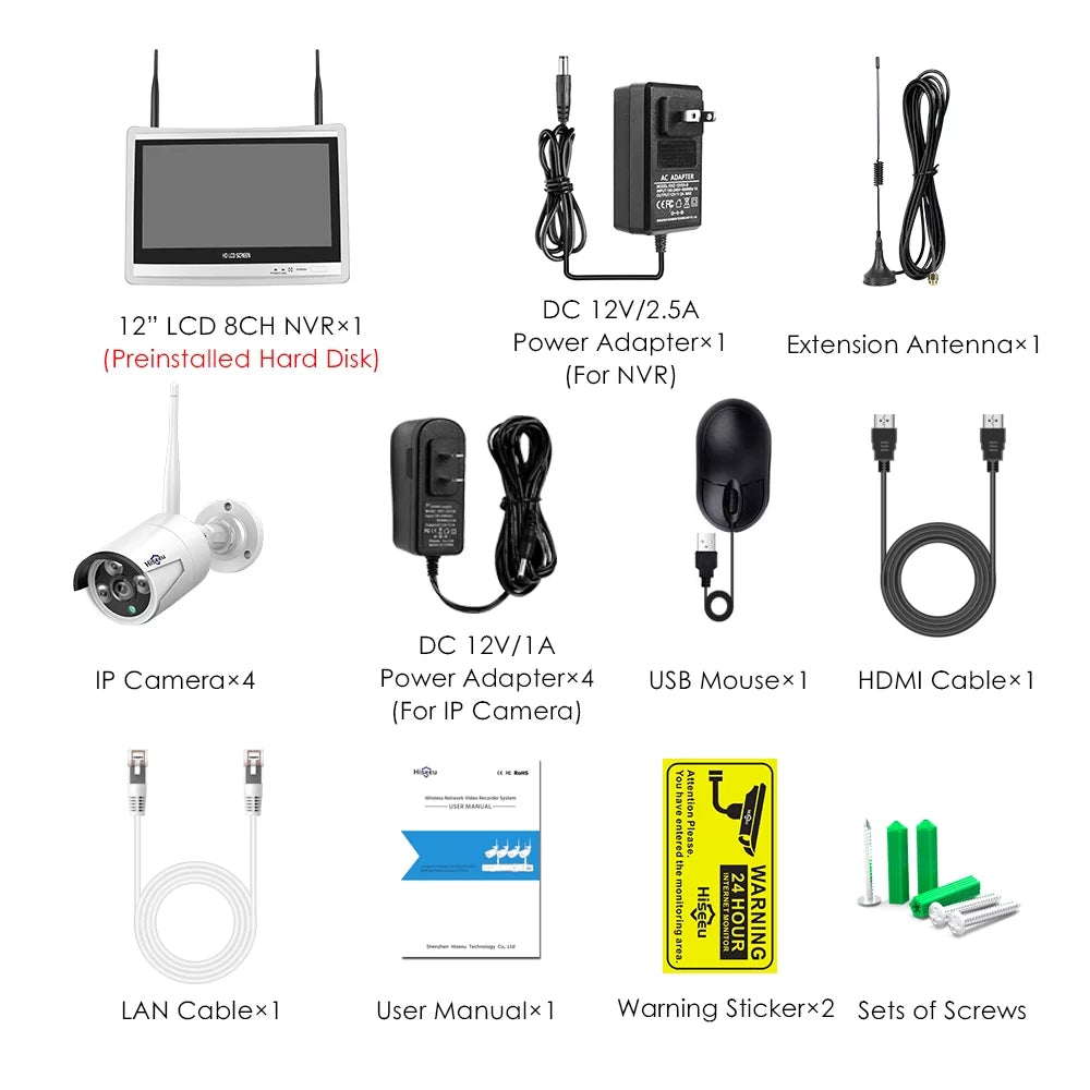 Security for 3MP System Wifi Remote Camera Camera 4Pcs Hard View, Security 12.1" (Supports Cameras Wireless Wi-Fi) Monitor, Only 2.4Ghz Hiseeu with Recording Home Security Drive, and 3TB System