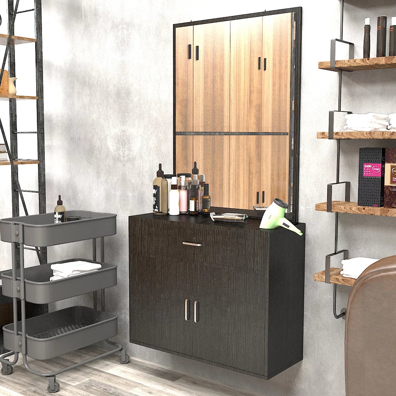 Salon with (Black) Makeup Mirror, Hair Hand Artist 2 Station Mount Styling Drawer, Barber Spa Doors Wall