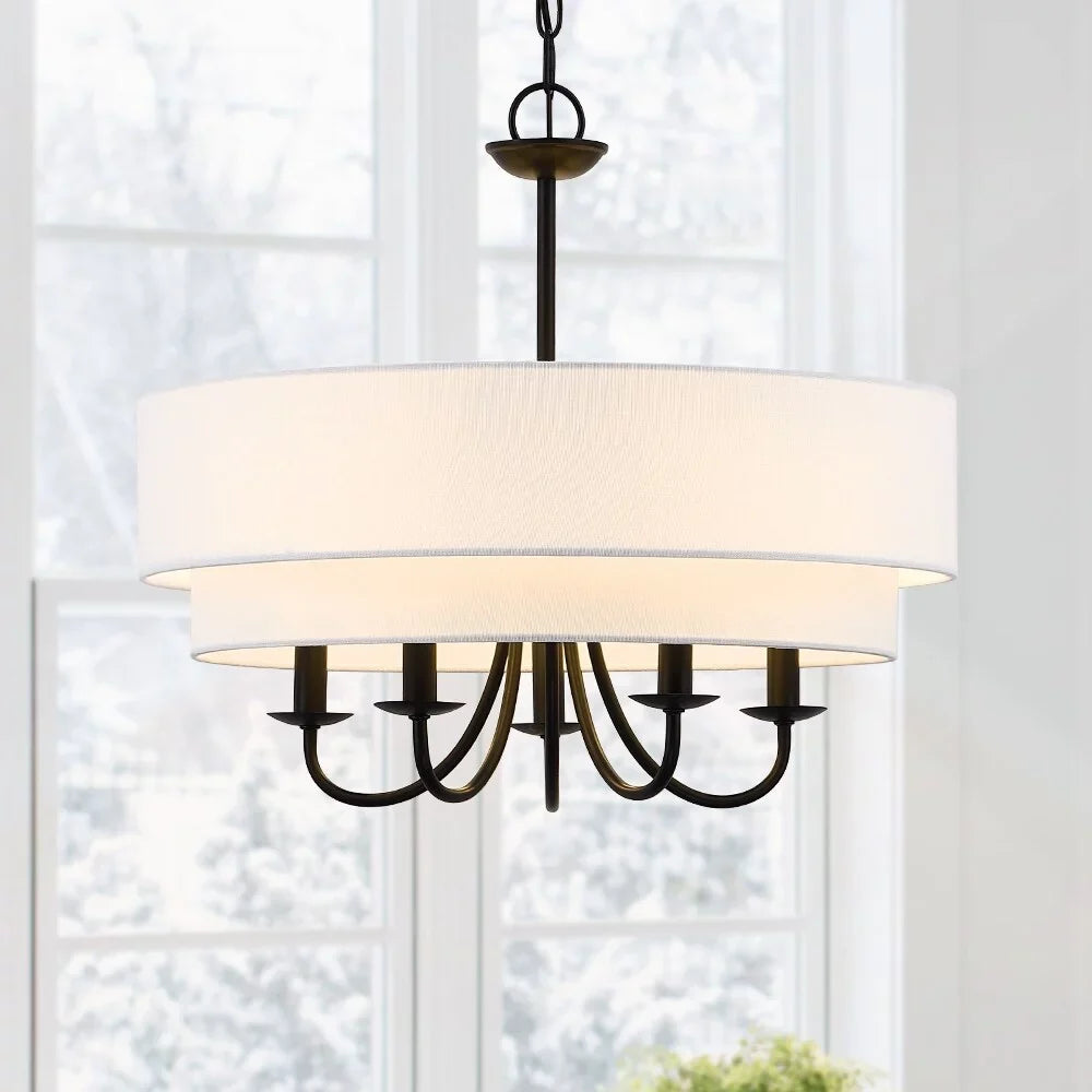 Chandelier FINE 5-Light 21.5"W - TRUE White Light Drum Black Shade Martina with Double