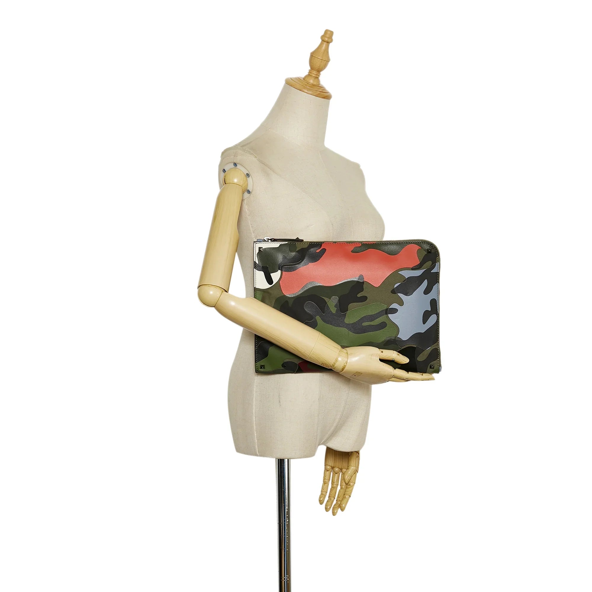 Bag Green Pre-Owned Canvas Leather (Good) Authenticated Valentino Camouflage Unisex Clutch WristletBag Fabric and