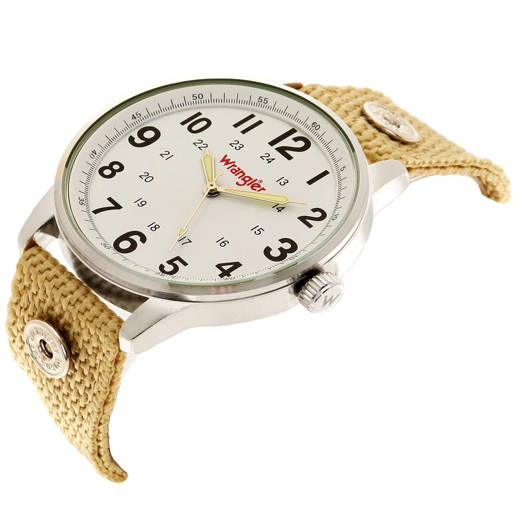 Wrangler dial, White Watch Strap 42mm Wheat Colored Nylon